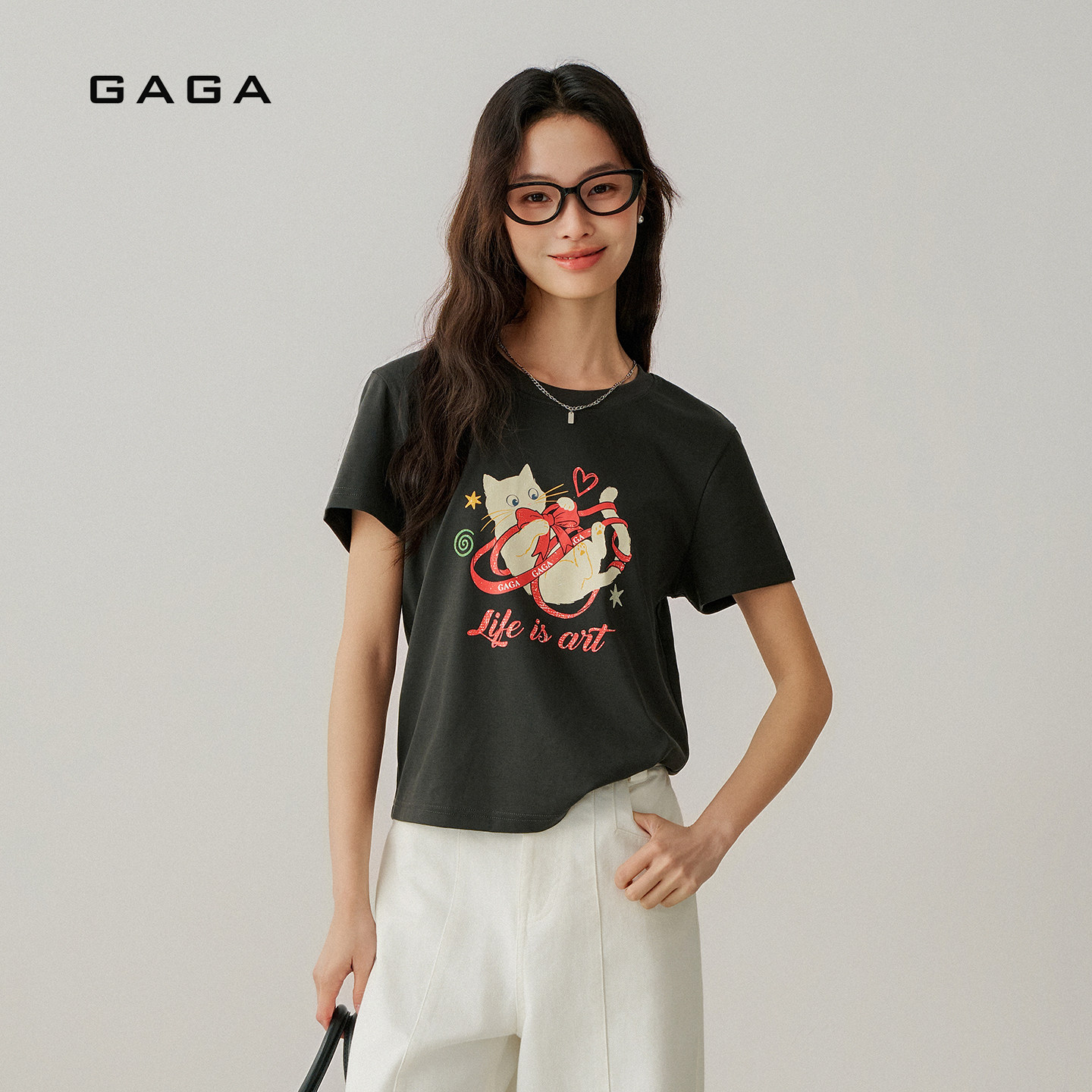 GAGA2026新款休闲圆领正肩短袖T恤女原创卡通印花上衣G61T01046