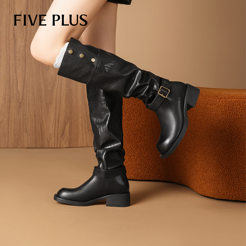 FIVE PLUS棕色长筒靴女2025年冬季新款复古西部不过膝堆堆骑士靴