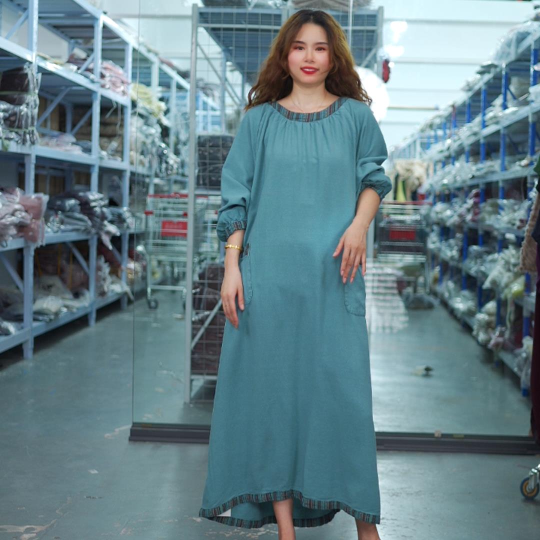 花璟麻社原创设计款撞色拼接连衣袍裙（裙长118胸围150）