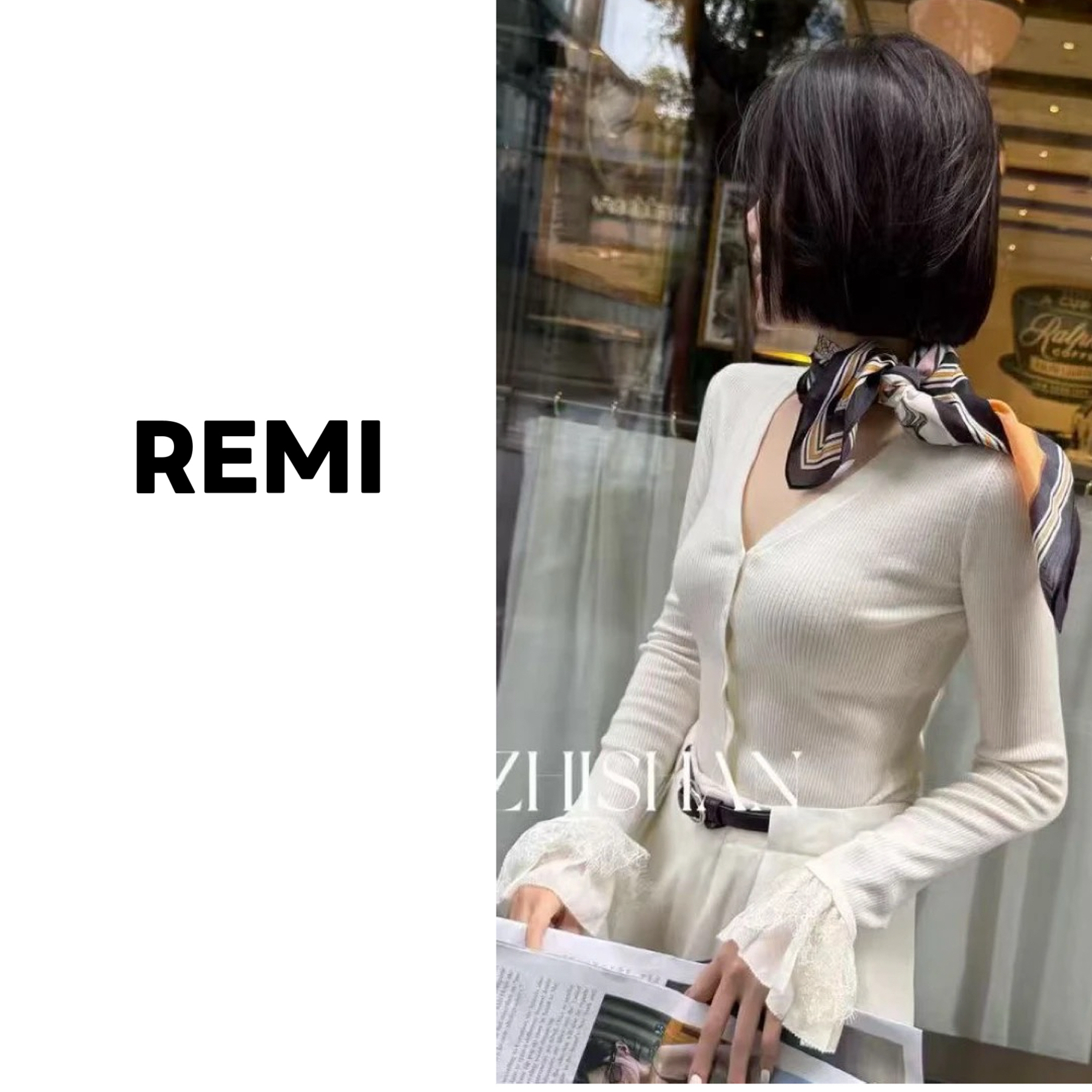 REMI[蕾丝袖羊毛开衫]秋季女拼接毛针织衫打底衫显瘦蕾丝ins