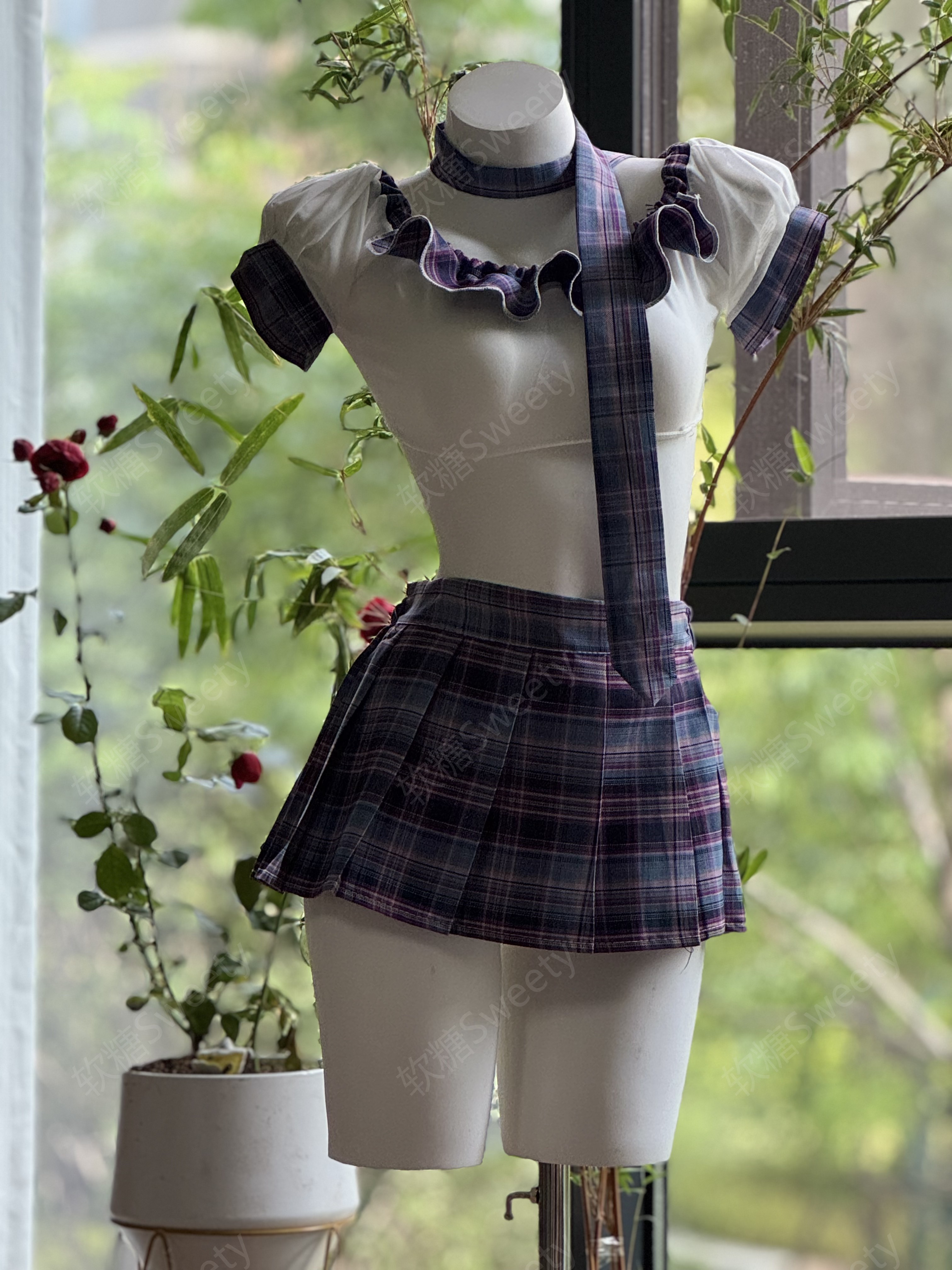 JK领带格子睡衣服装上衣显瘦性感夏季套装辣妹日系百褶格纹短款