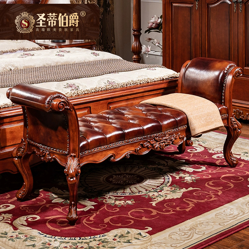 圣蒂别墅美式床尾凳全实木花复古家具高端欧式真皮床榻