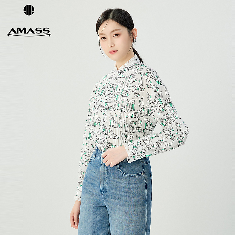 阿玛施AMASS秋季新款复古立领荷叶边可拆碎花长袖车褶衬衫5301059