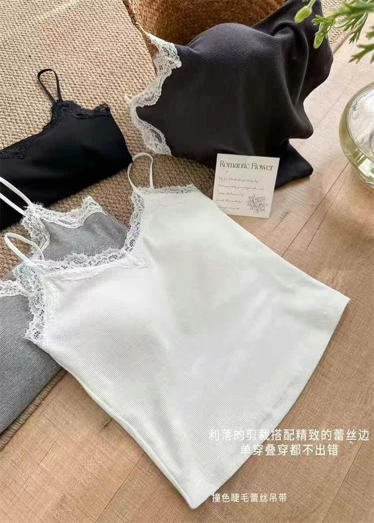 拼接蕾丝边带胸垫美背设计吊带背心女内搭春夏适用