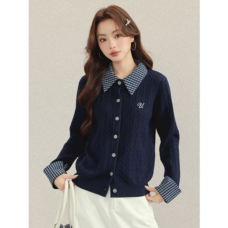 高妍知韩系学院风假两件长袖针织开衫女装秋冬季新款毛衣外套上衣