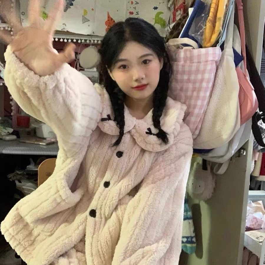 新款珊瑚绒甜美束腿睡衣女新款冬季加绒加厚法兰绒少女家居服套装