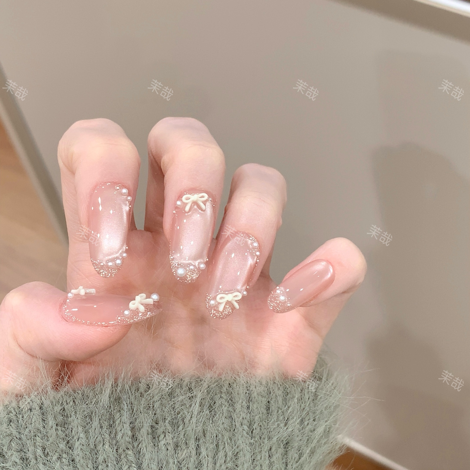 茉哉w现货【粉缎稠光】纯手工定制美甲拆卸穿戴甲A5111 