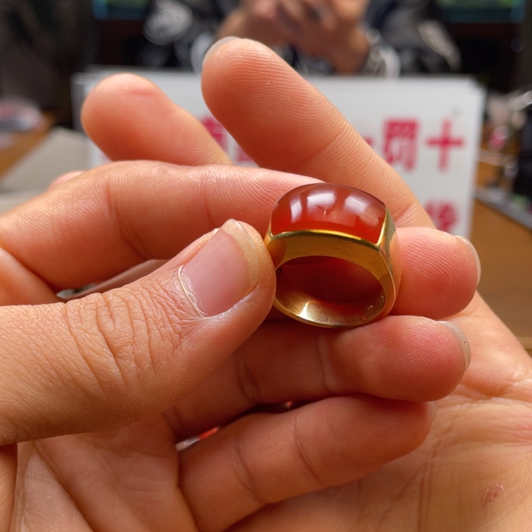 南红玛瑙冰红戒指18+mm圈口银S925镀金镶嵌