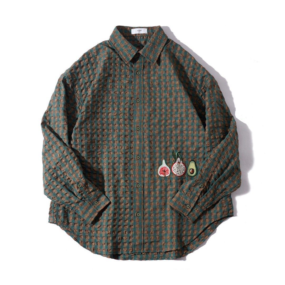 立体格纹  刺绣水果图案时尚长袖衬衫 1395