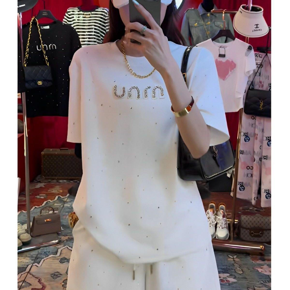高级感重工字母镶钻休闲套装女2025年夏季纯棉宽松短袖短裤两件套
