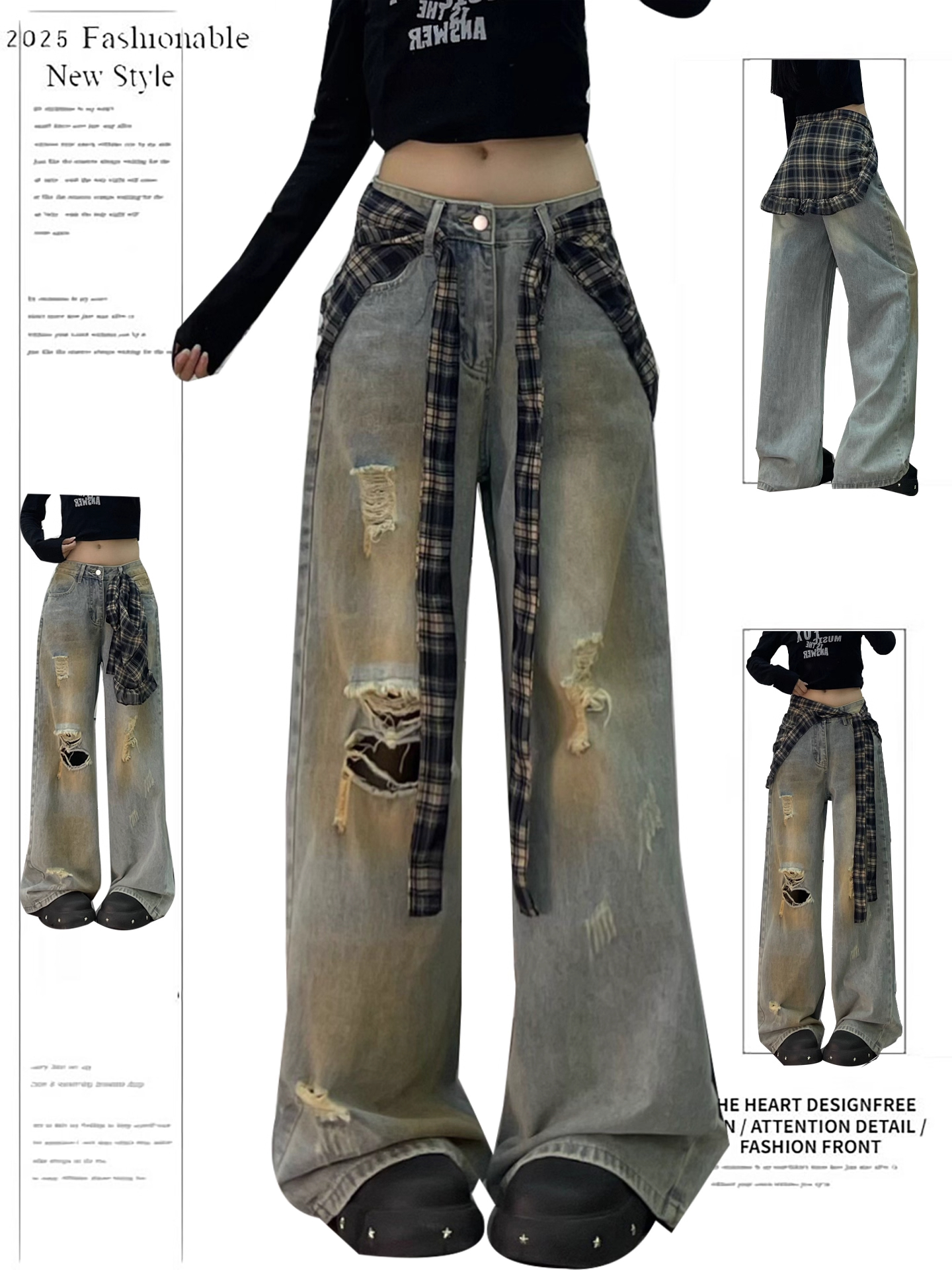 美式复古可拆卸屁帘破洞宽松直筒牛仔裤女2025秋季新款阔腿长裤子