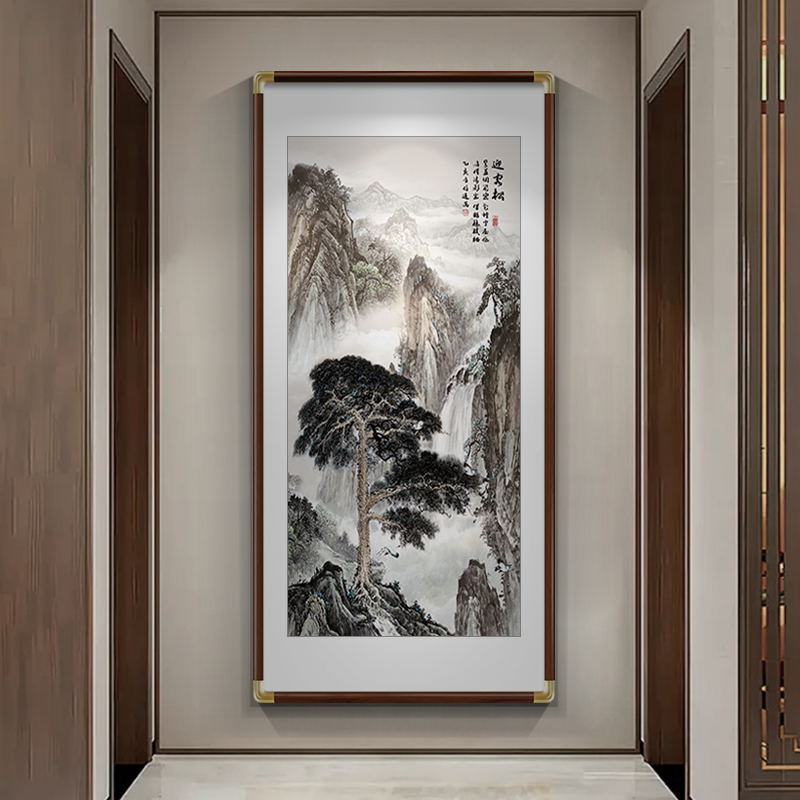 迎客松挂画新中式进门玄关装饰画山水画入户正对墙壁画