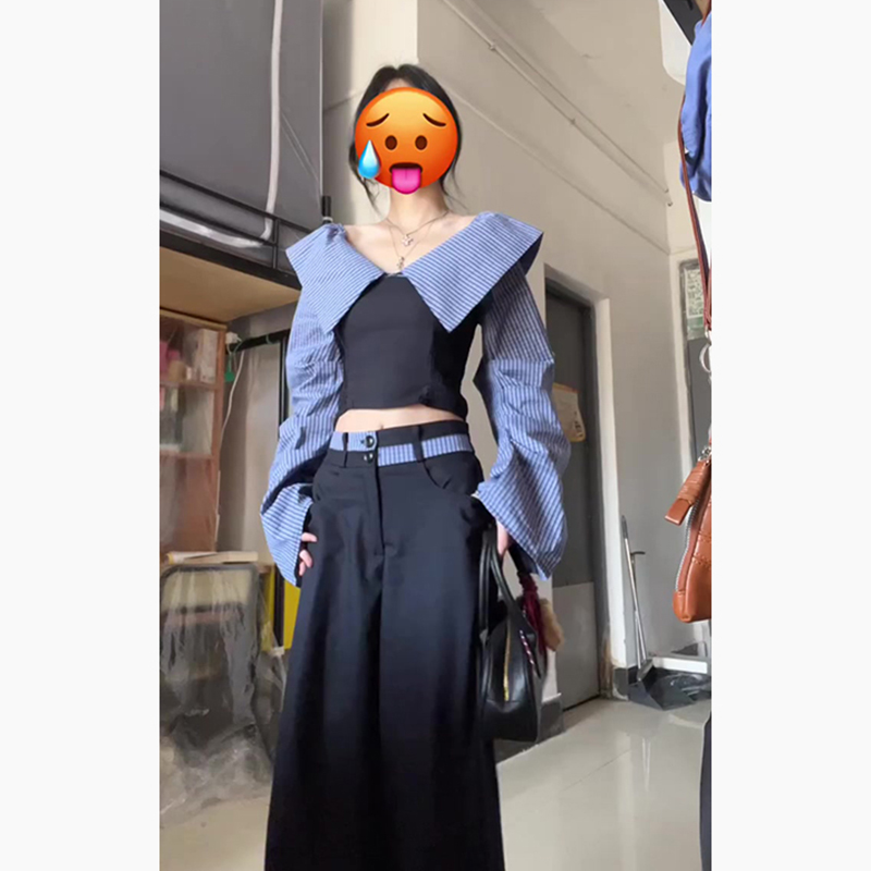 韩系一整套早春套装女新款港味复古chic格子拼接上衣韩系百搭长裤