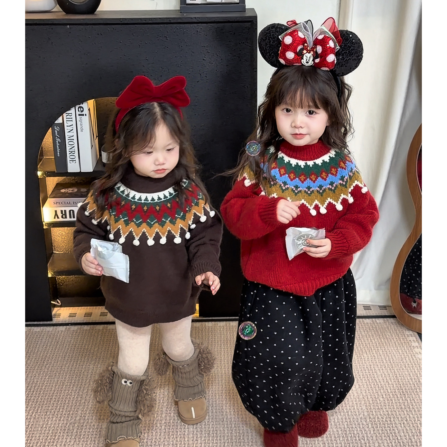 原创设计冬季女童红色圣诞加绒毛衣甜美开衫外套小女孩套装