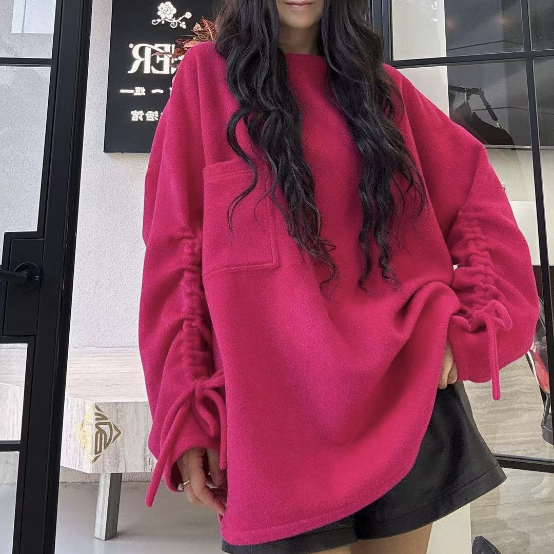 【周周家】定制设计款玫红色袖抽绳单面羊绒毛秋冬上衣