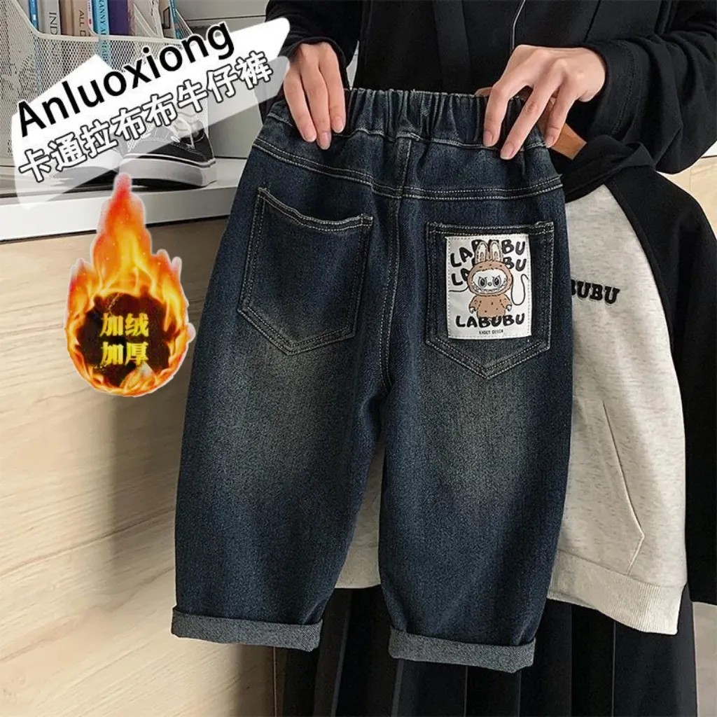 男童加绒牛仔裤秋冬季韩版一体绒裤子时尚卡通中小童加厚保暖长裤