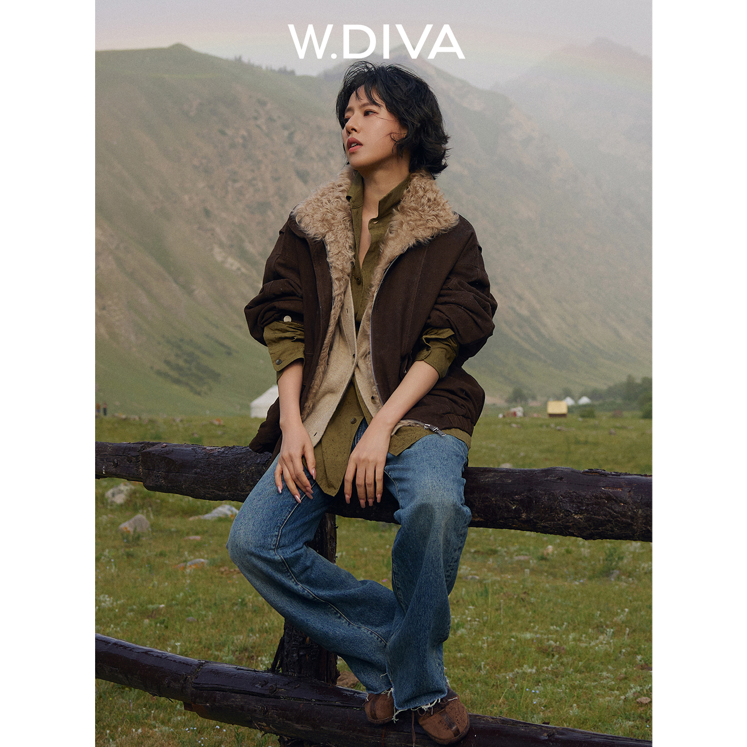 W.Diva【栗绒】复古鹿绒山羊皮可拆卸湖羊毛领骆驼绒棉服53C032796