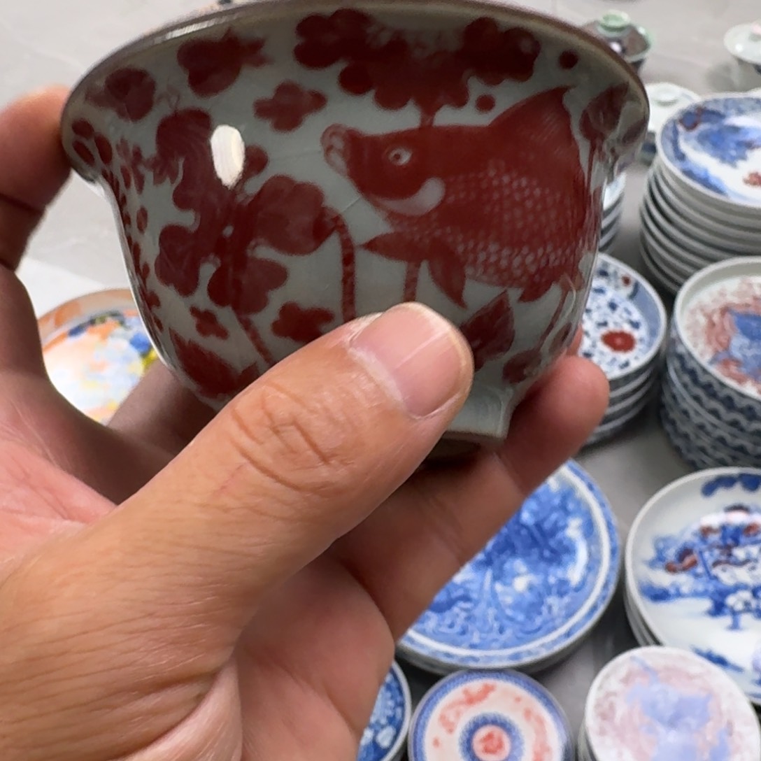 杯老陶泥釉里红鱼藻纹大压手