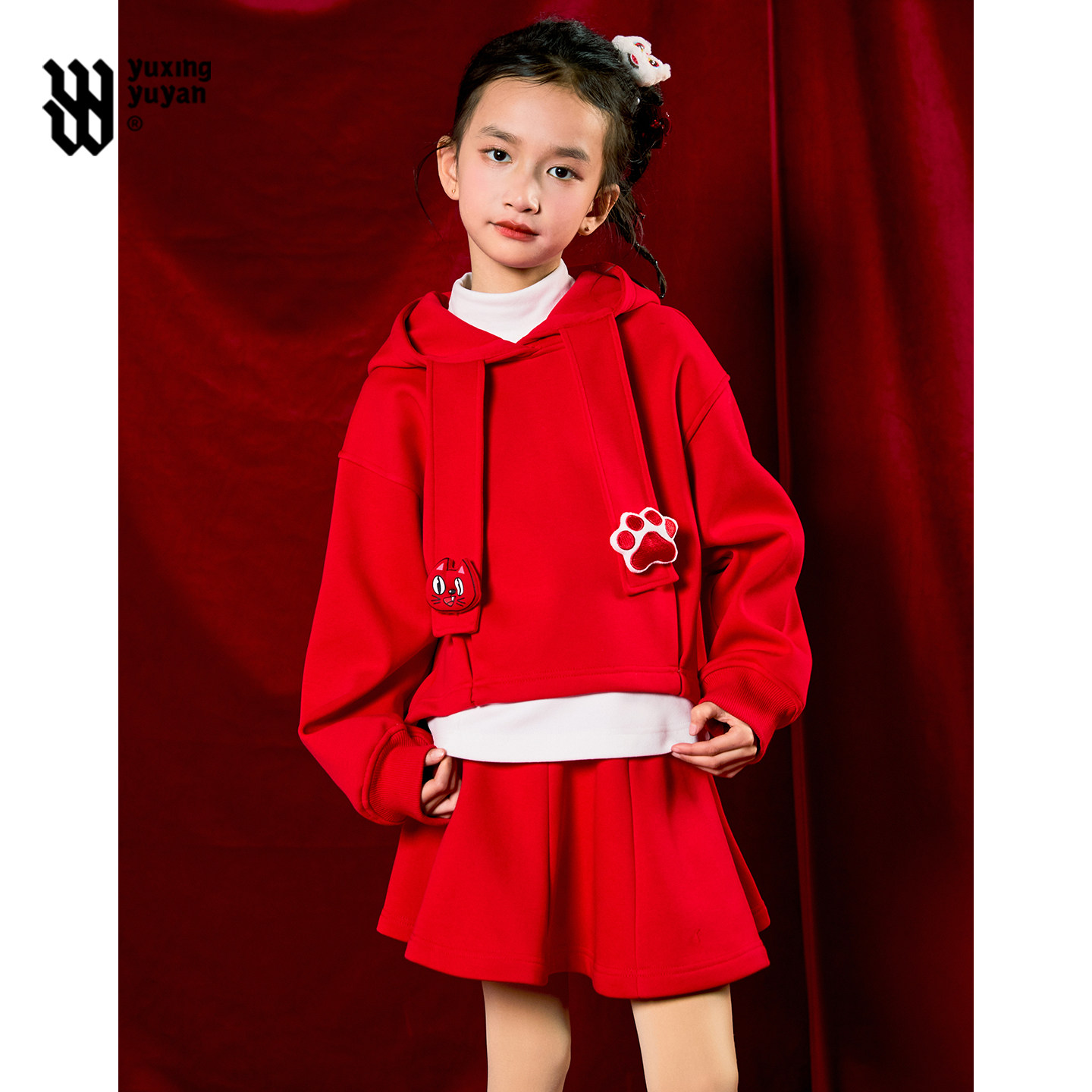 雨星雨嫣女童超好看冬裙2025新款马年本命年红色年服女孩大童套装