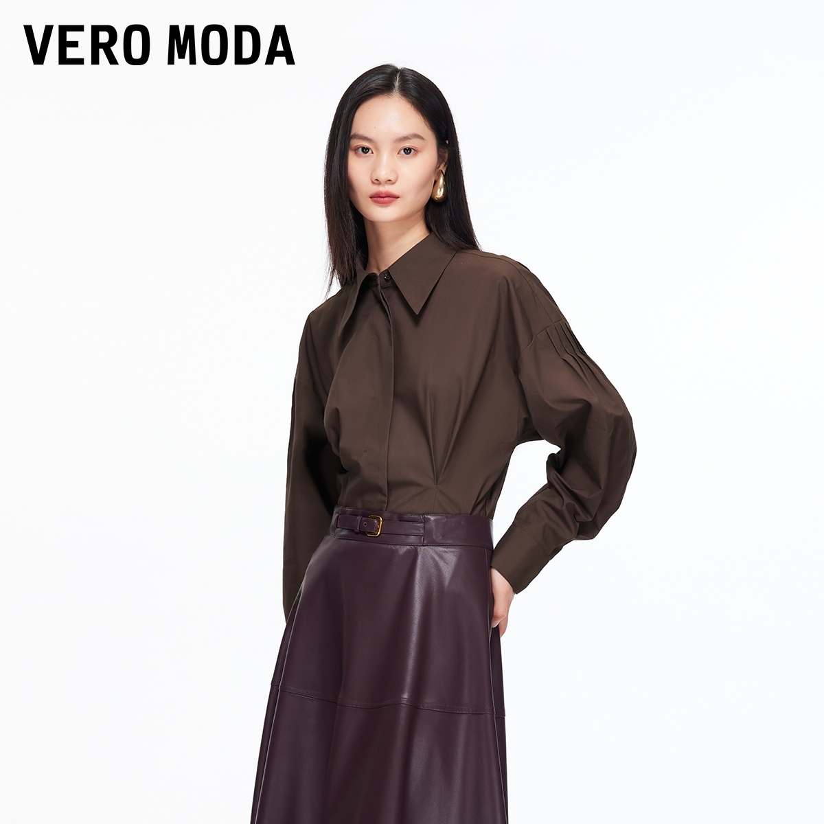 Vero Moda衬衫2025冬季新款纯棉收腰宽松上衣时尚百搭洋气女装