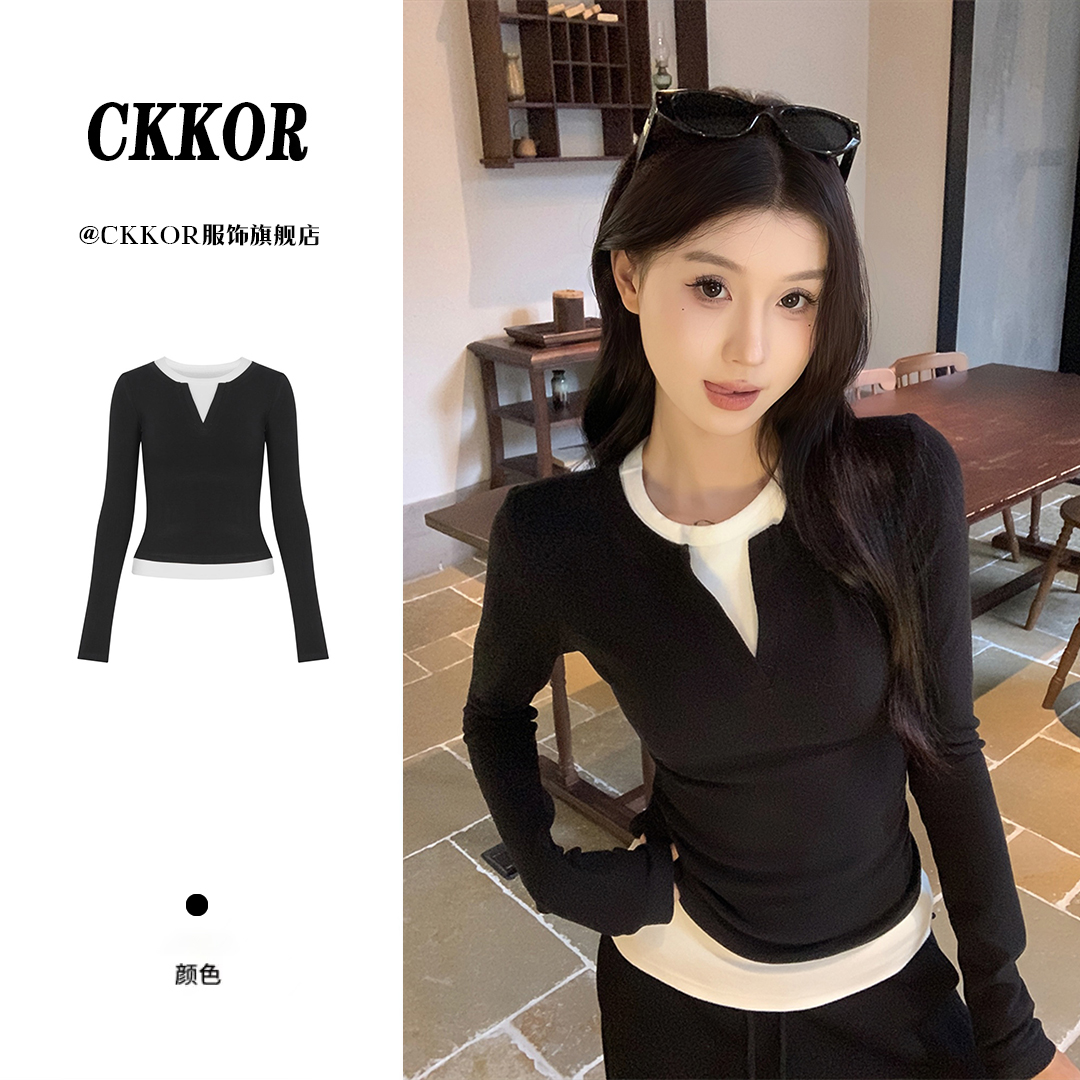 CKKOR春秋新款假两件打底衫女内搭洋气设计感辣妹风撞色长袖t恤女