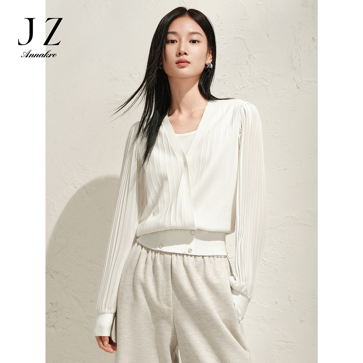 【尚雅专属】玖姿安娜蔻KWFC31020压褶假两件拼接羊毛针织衫女春