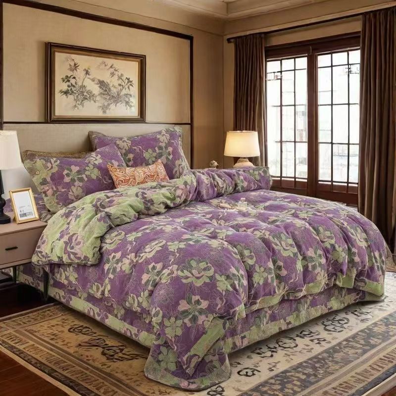 2025新款轻者复古双面加厚双层纱印花四件套--【风华绝代紫】-1