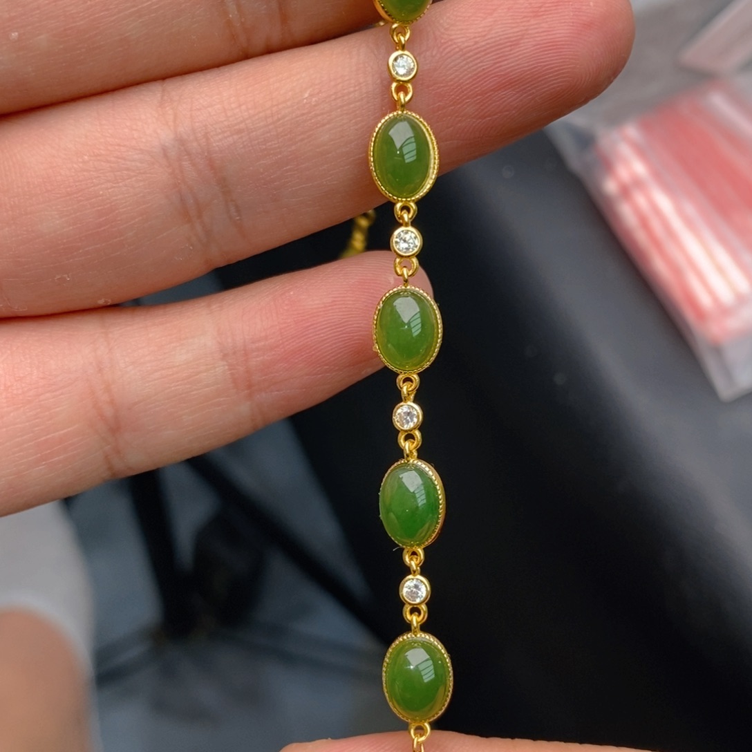 和田玉（碧玉）手链银S925镀金镶嵌