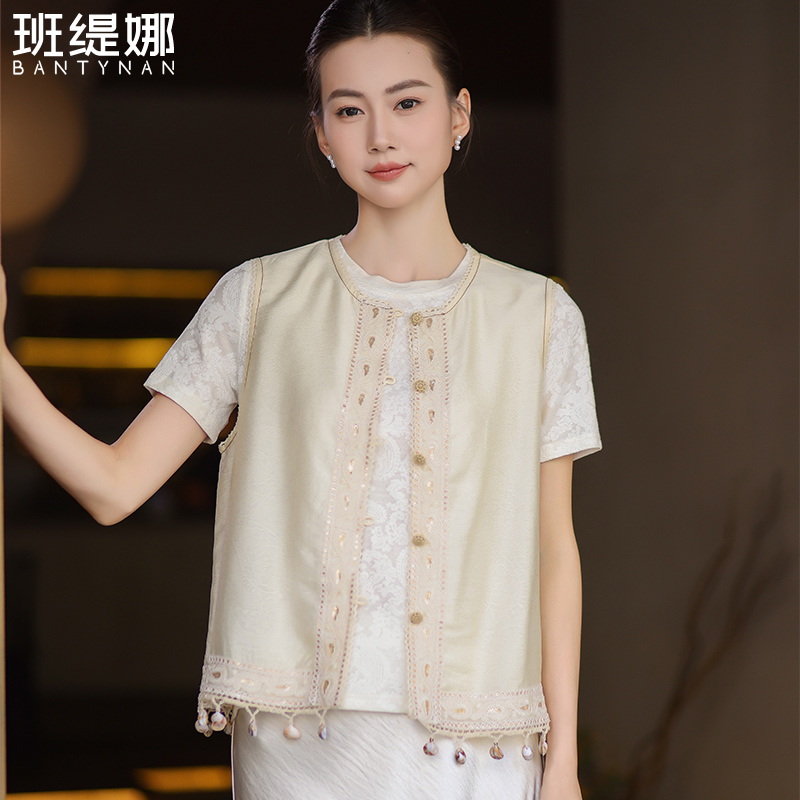 中国风马夹圆领女装百搭常规款上衣宽松气质马甲纯色镂空复古中式