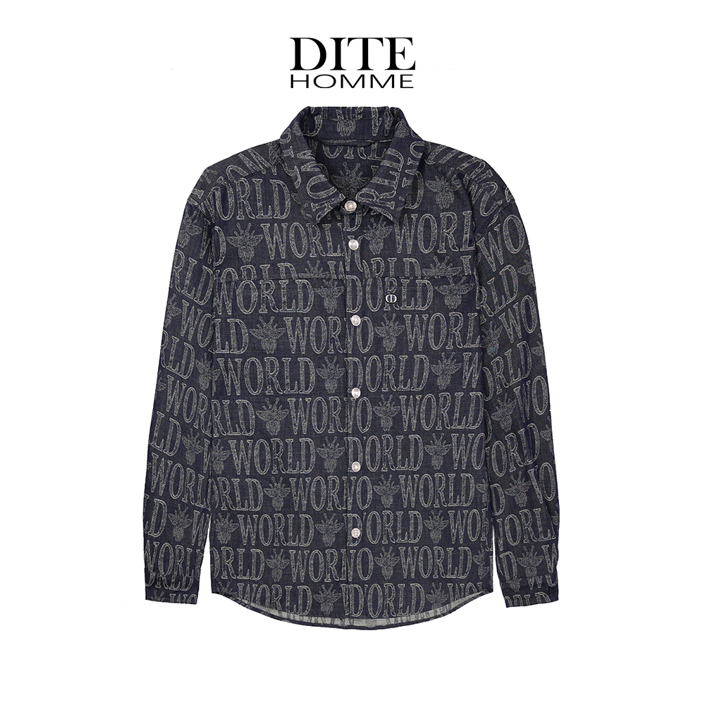 DITE迪特 男装牛仔男款满印长袖印花翻领男宽松型翻驳领