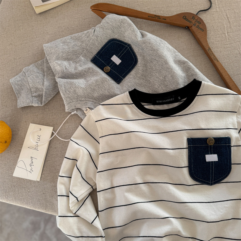 2025男童休闲卫衣宝宝棉上衣潮牌T恤洋气打底衫撞色牛仔口袋圆领