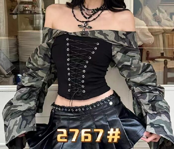 欧街-抽绳绑带衬衫拼接上衣08251