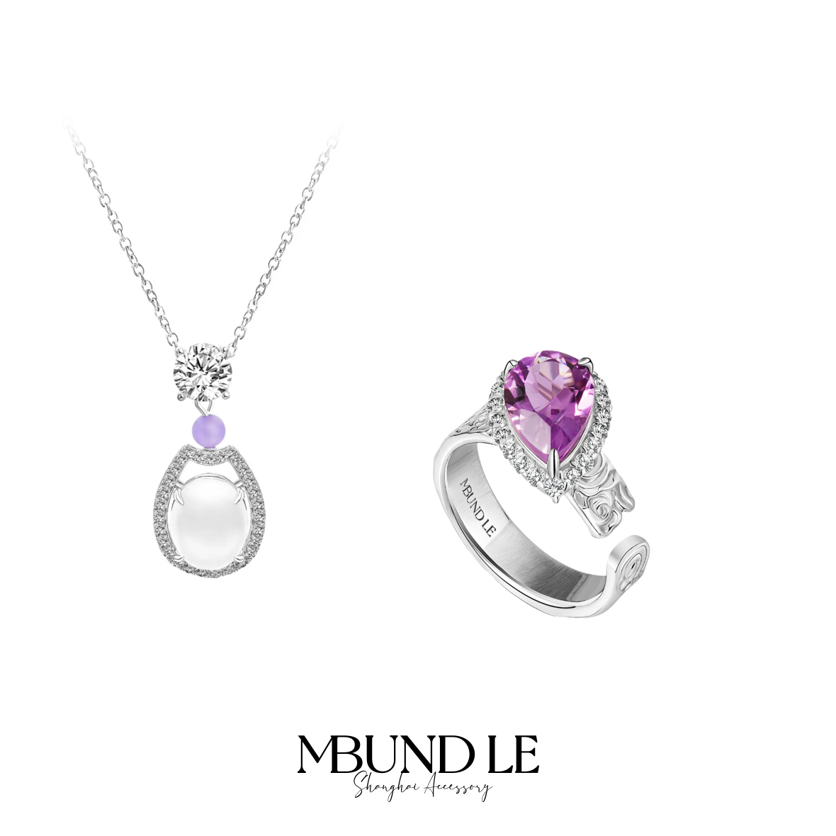 铜合金合成锆石戒指 山海云云-紫水晶水滴祥云戒指和项链