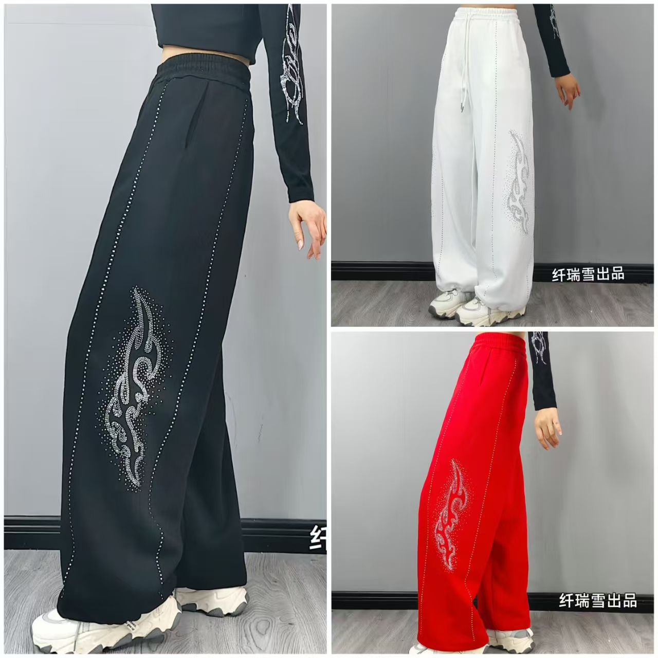 纤瑞雪正品554烫钻抽绳直筒裤休闲裤秋冬加厚不加绒复合棉直筒裤