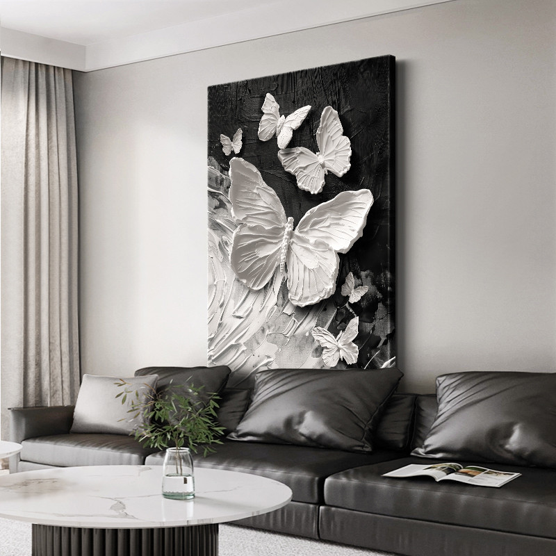 黑白灰蝴蝶客厅装饰画简约现代沙发背景墙挂画高级感抽象玄关挂画