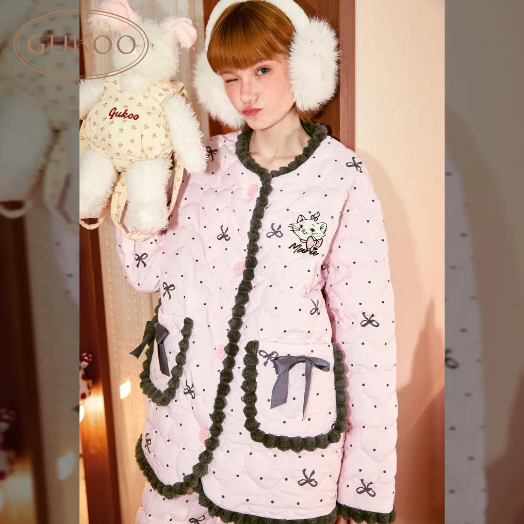 Gukoo/果壳玛丽猫联名冬季加绒加厚夹棉睡衣家居服女士保暖套装