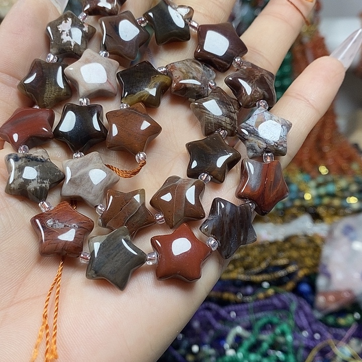 玛瑙/玉髓未镶嵌珠宝半成品天然木化石五角星卡15mm