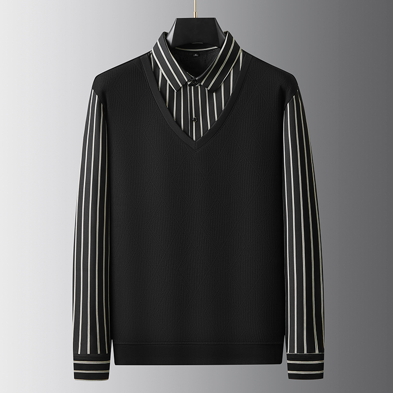 大码冬季保暖毛衣加绒商务休闲针织衫休闲条纹百搭男士假两件