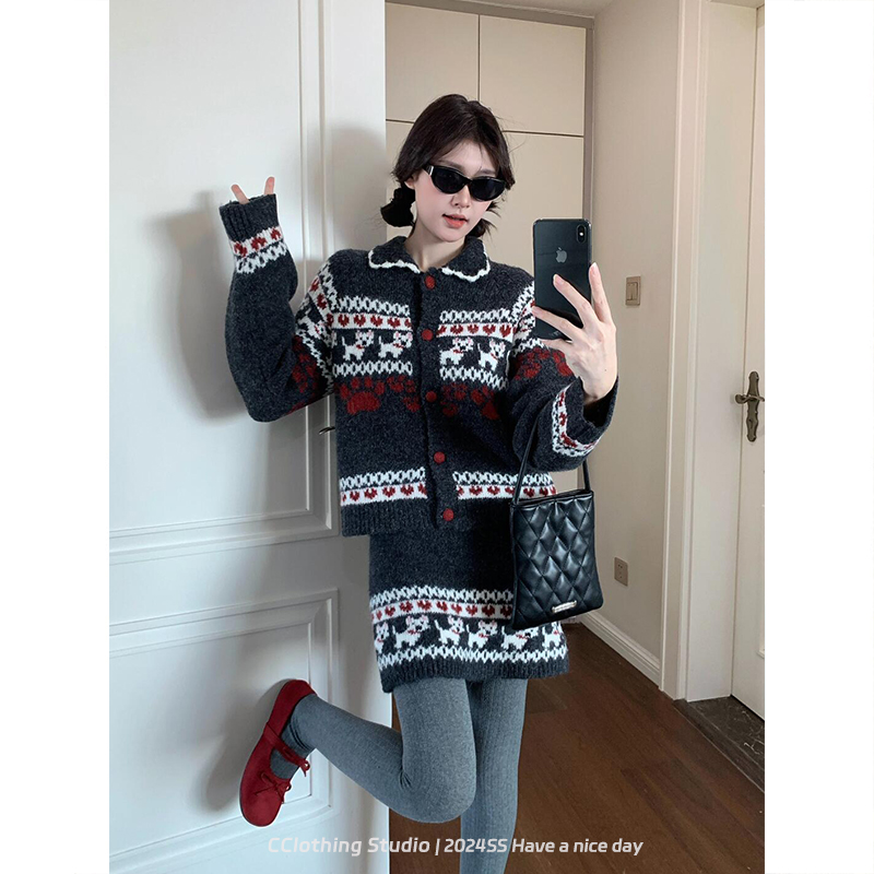 "小狗费尔岛"2025新款费尔岛深灰色复古针织毛衣外套半裙两件套