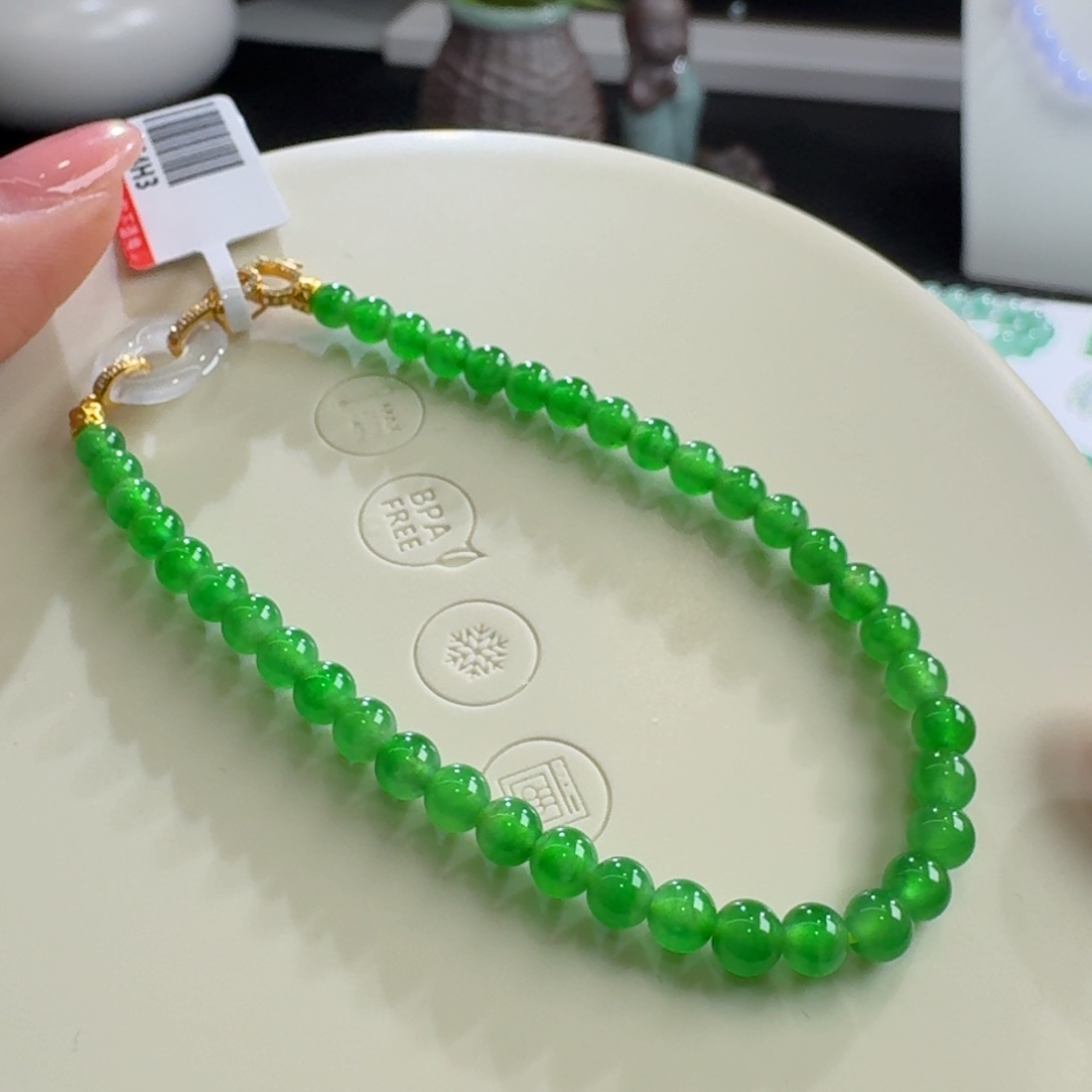 未镶嵌翡翠手链高冰木纳艳阳绿小米珠4.1-4.3mm