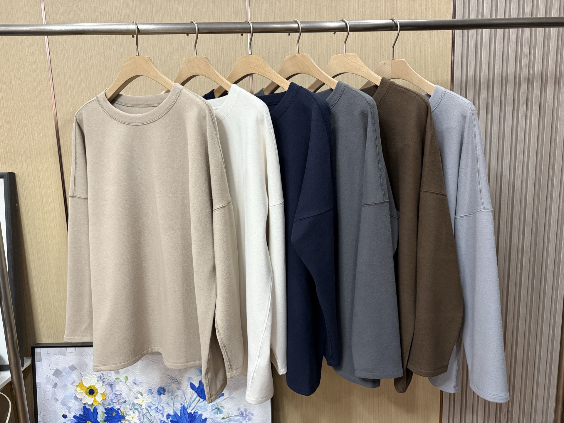 圆领落肩德绒宽松中长长袖T恤打底百搭长款纯色套头保暖男女同款