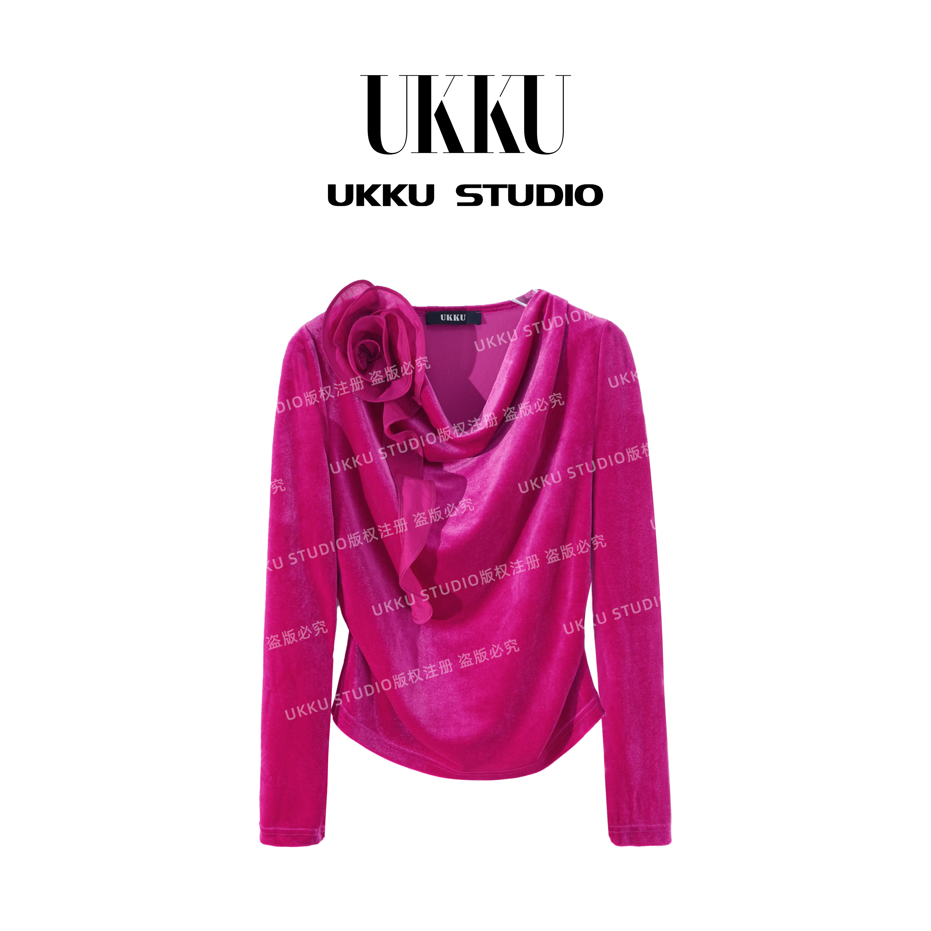 【UKKU STUDIO】简约纯色设计师款圆领女装收腰丝绒上衣514894