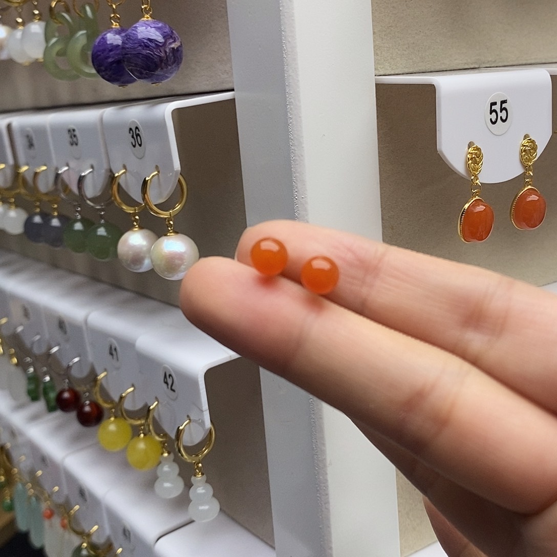 南红玛瑙银S925镶嵌耳饰