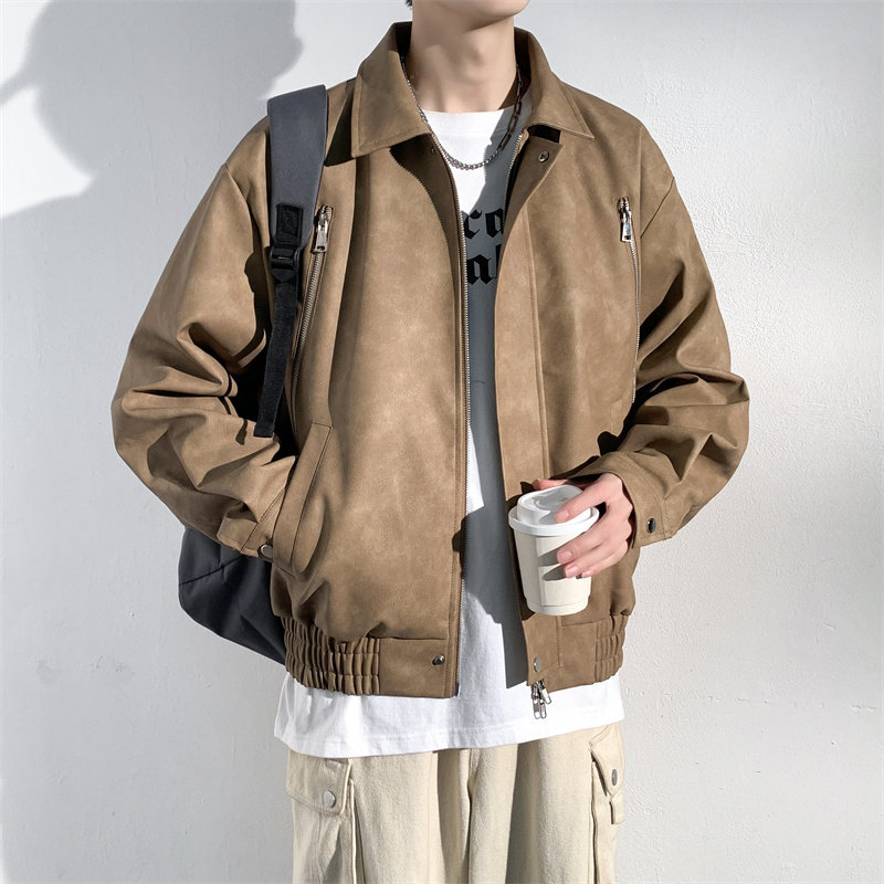 美式新潮磨毛皮夹克男士春秋季潮款帅气翻领休闲男生衣服高级感
