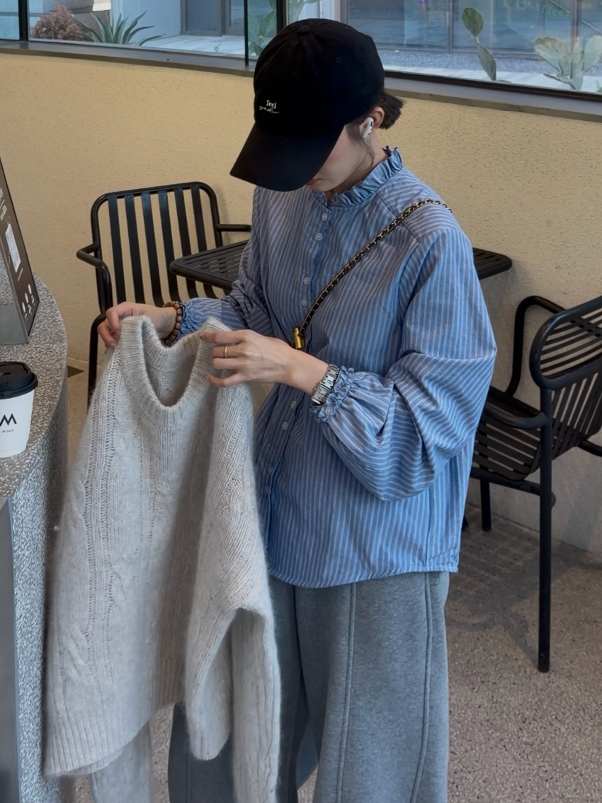 ［巧巧定制］新款韩版百搭修身显瘦时尚加绒木耳灯笼袖休闲衬衫7163