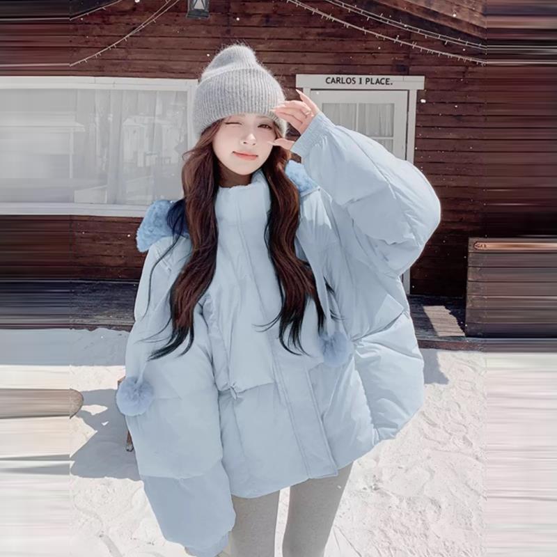 300斤胖mm大码女装韩系蓝色温柔甜美风保暖棉服女款连帽毛领外套