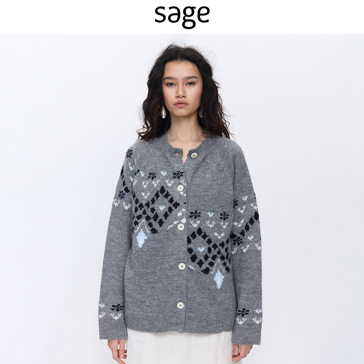 sagestudio 阿尔伯特灰几何不对称费尔岛毛衣