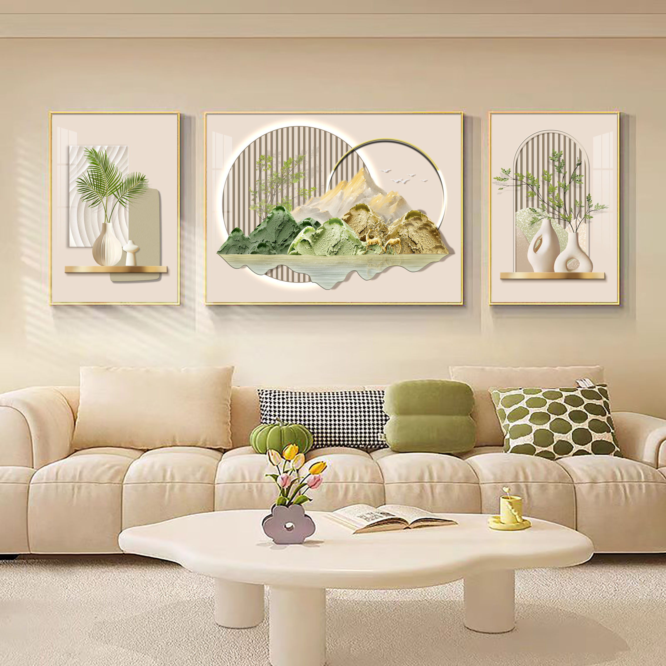 法罗迪【锦绣河山】奶油风景客厅装饰画沙发挂画高级感三联壁画