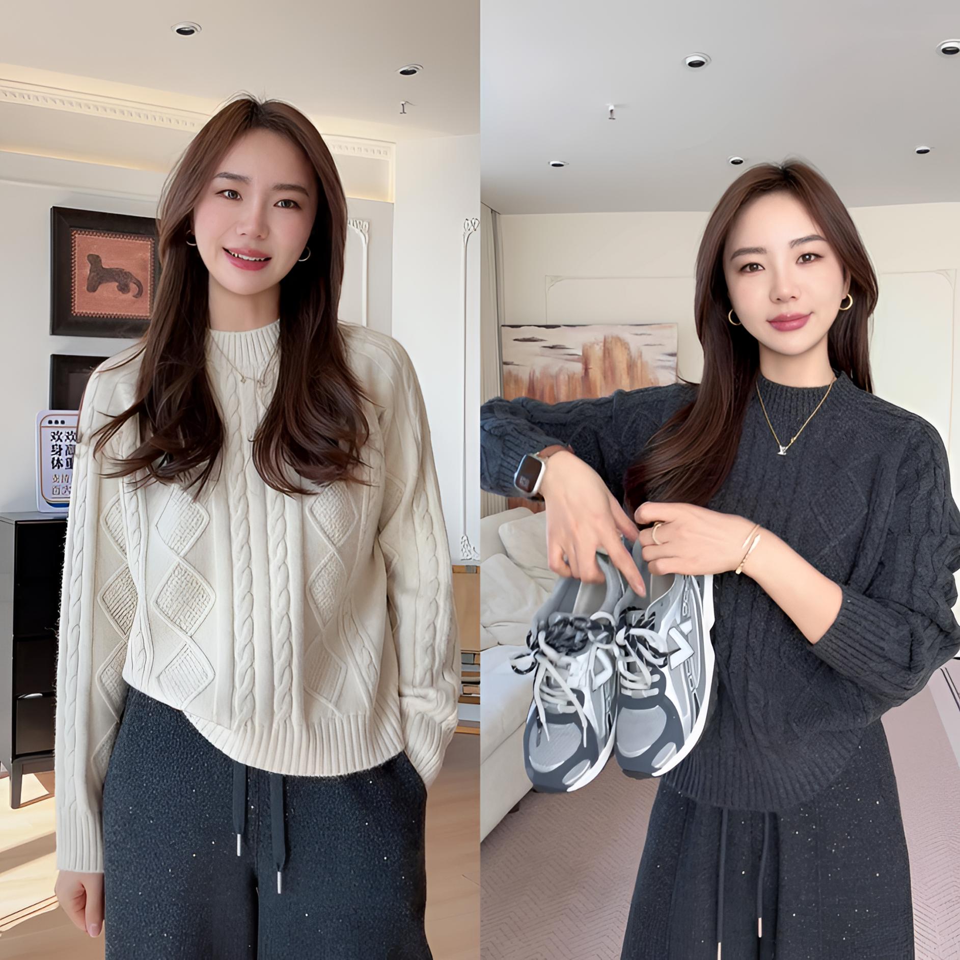 【余欢欢】冬季时尚百搭休闲菱格绞花毛衣-YHW51212