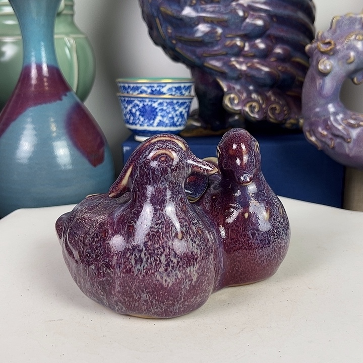 摆件陶均瓷玫瑰紫釉鸳鸯香熏！